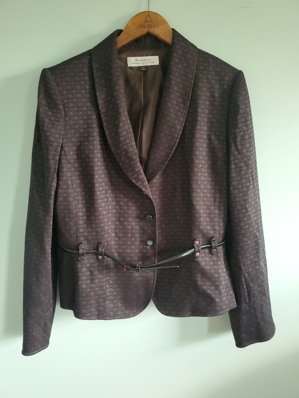 Tahari Dark Brown Patterned Belted Blazer